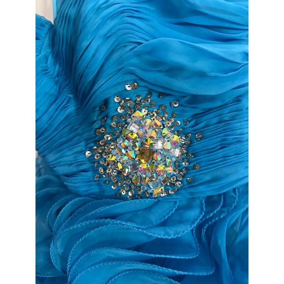 MAC DUGGAL Blue Ruffle Strapless Pleated Chiffon Gown Dress Rhinestones 6254H- 6 - Picture 4 of 6